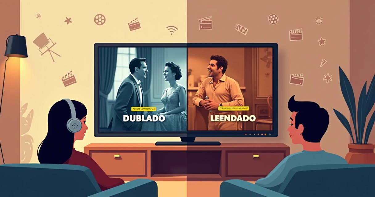 Tela dividida mostrando filme antigo com dublagem de um lado e legenda do outro 