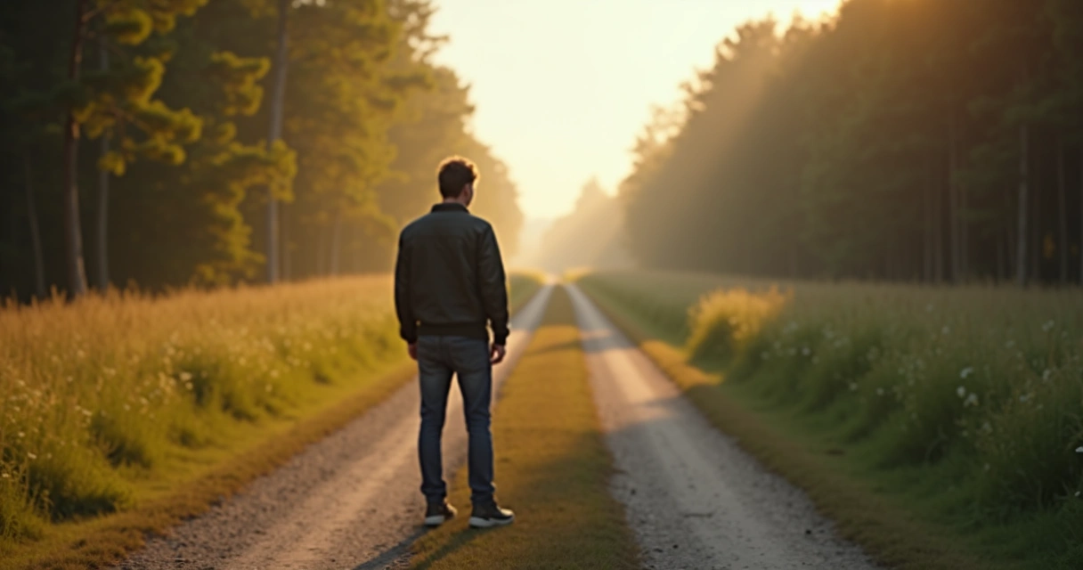 Hombre mirando una bifurcación de caminos, duda sobre el cambio