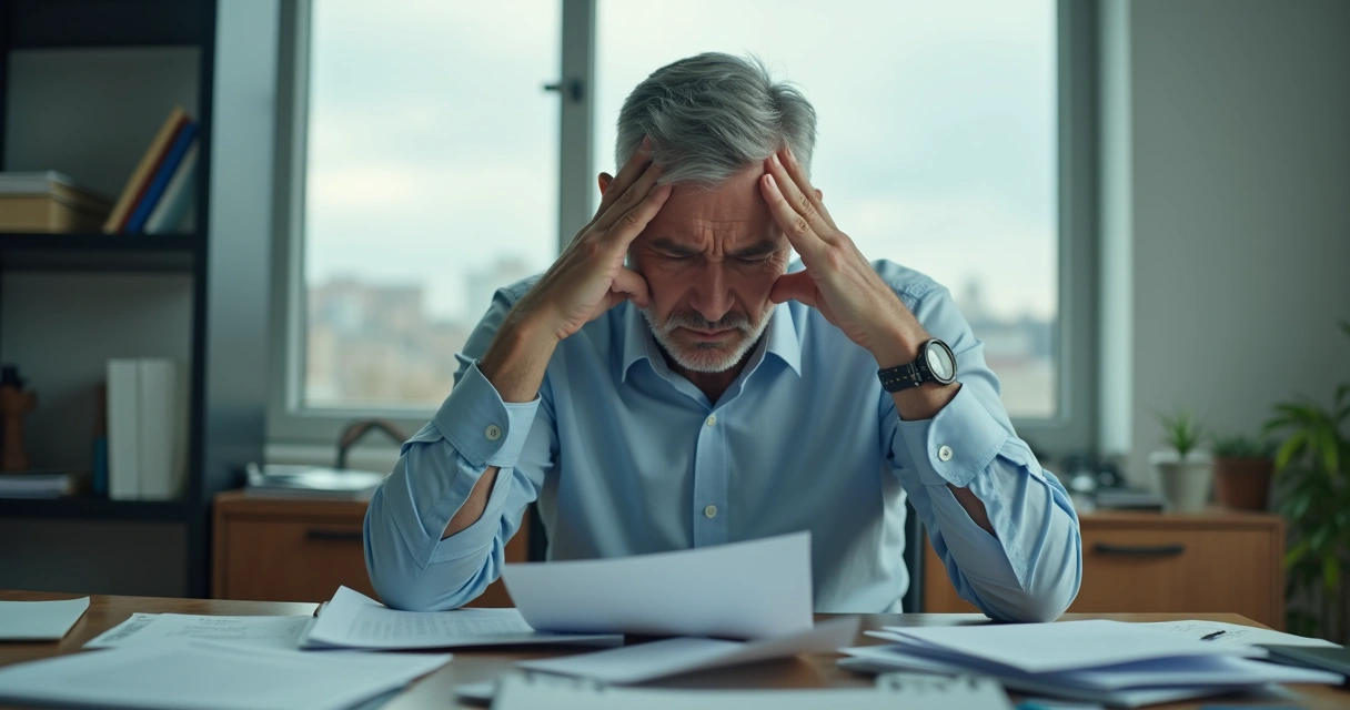 Hombre sentado en un escritorio con expresión de duda, rodeado de papeles 