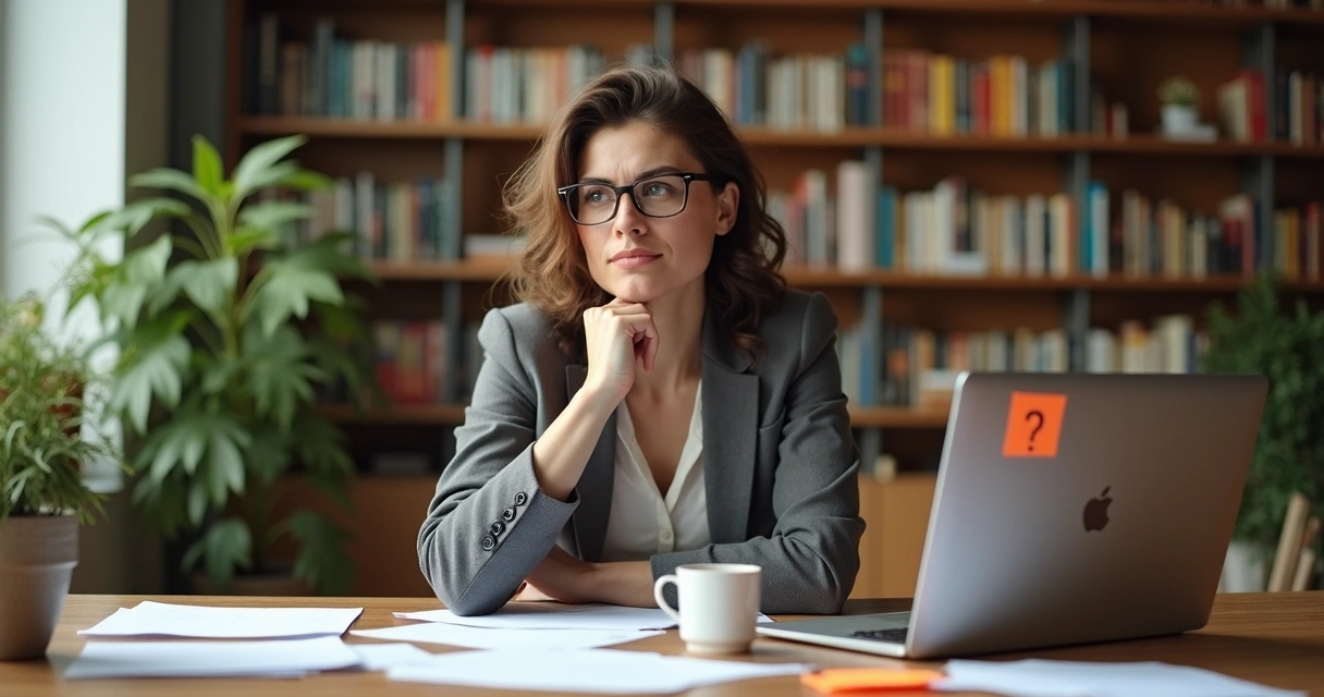 Persona sentada con papeles y computadora, pensando sobre un cambio personal 