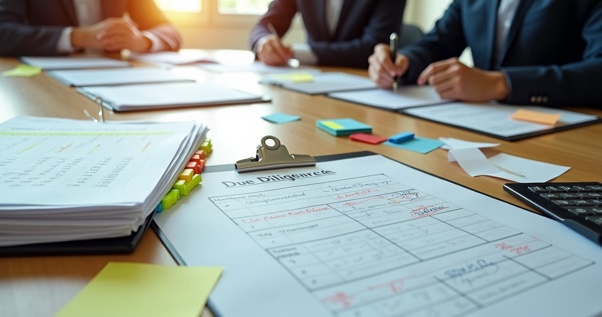 Mesa de reunião com documentos marcados e duas empresas sendo avaliadas para compra 