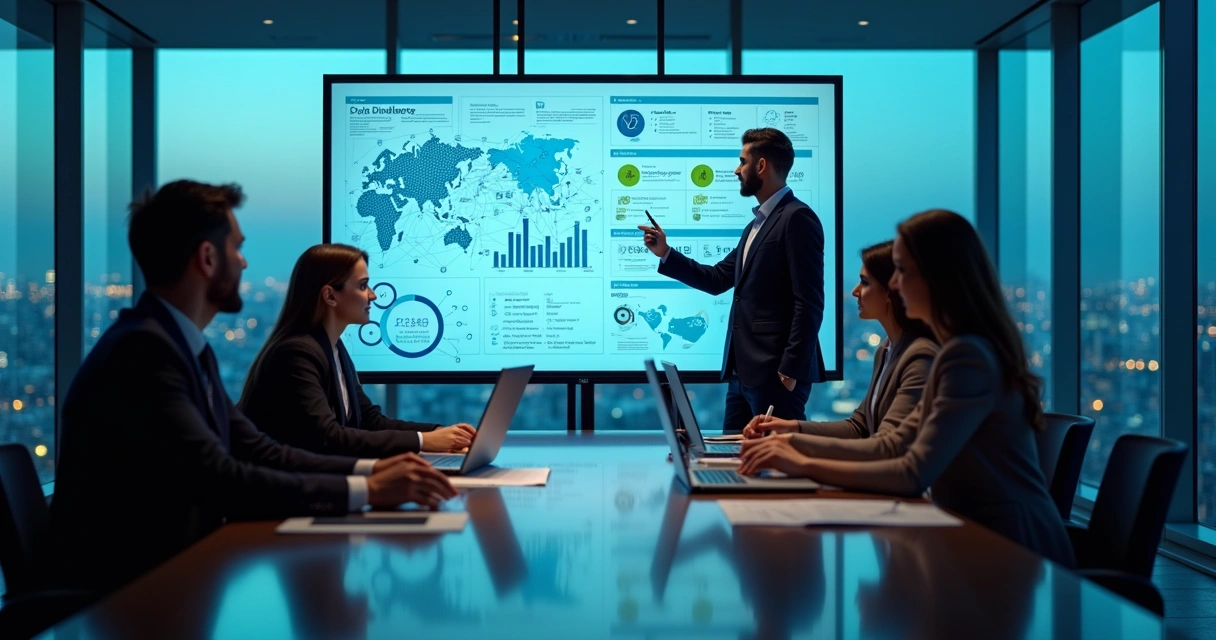 Executivos analisando painel de dados em reunião de due diligence 