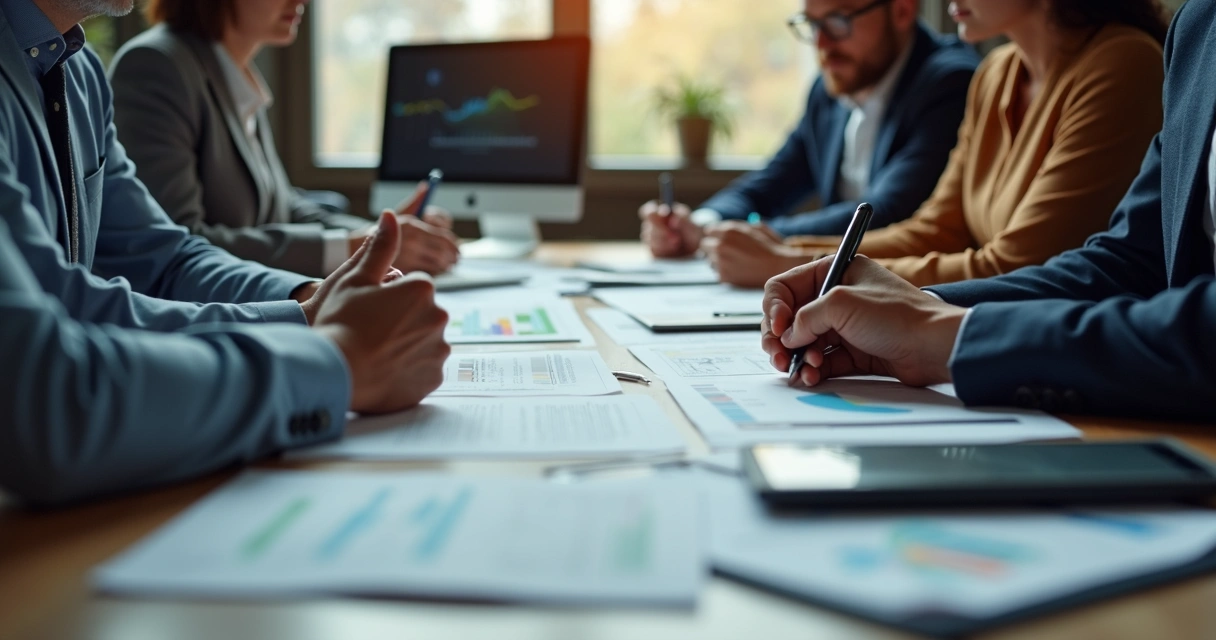 Profissionais analisando documentos de fornecedores em uma mesa com computadores e papéis