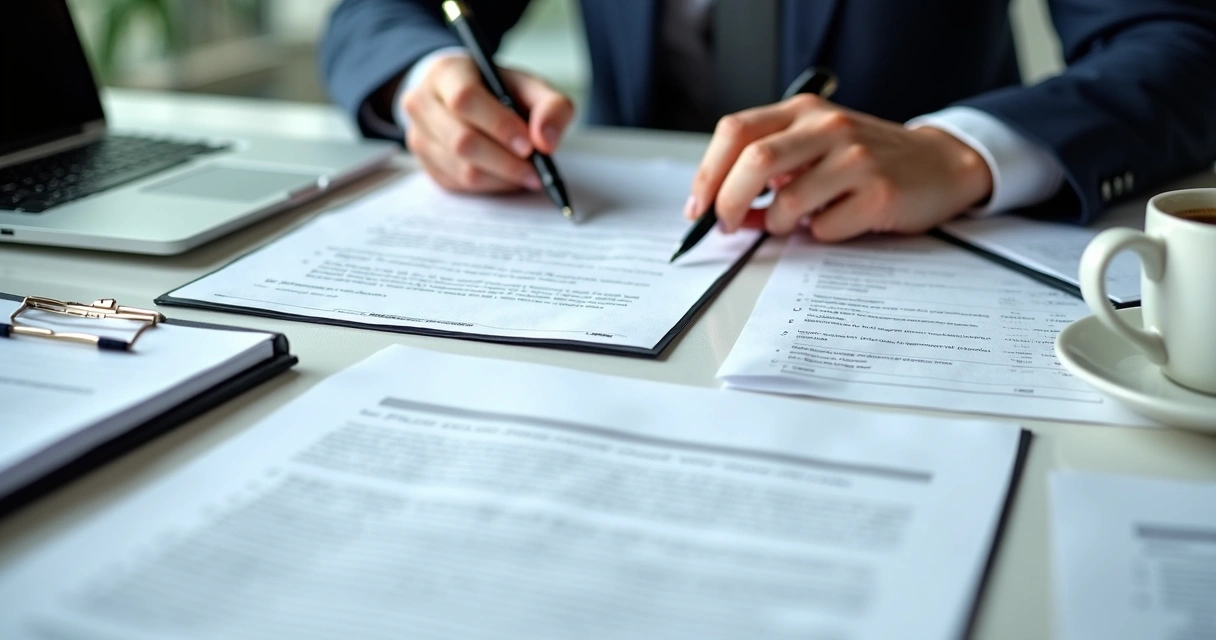 Pessoa analisando documentos imobiliários em mesa de escritório 