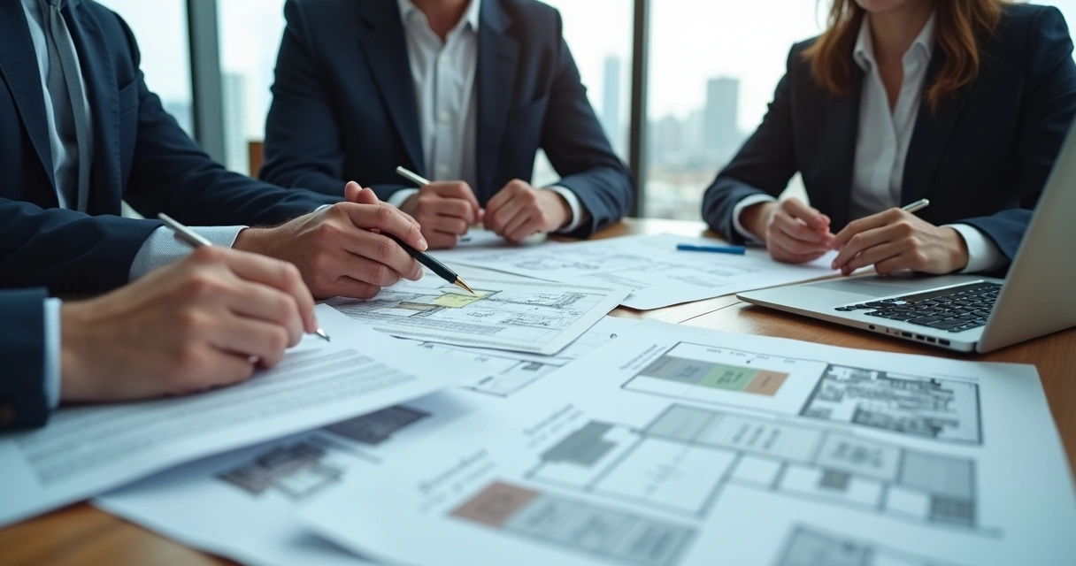 Equipe analisando documentos imobiliários em reunião de due diligence 