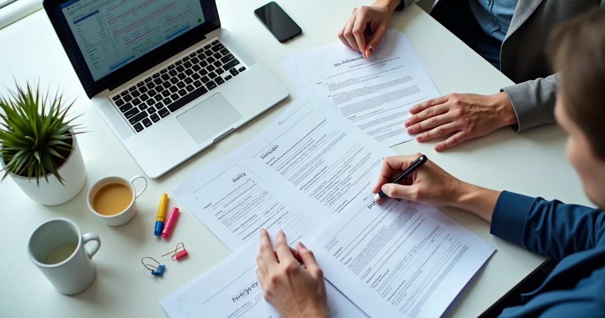 Pessoa analisando documentos de investimento em mesa de escritório organizada. 