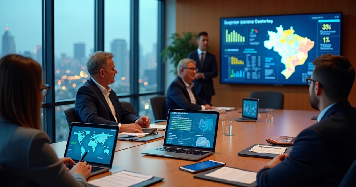 Empresários analisando dados de provedores de internet em uma mesa de reuniões moderna 