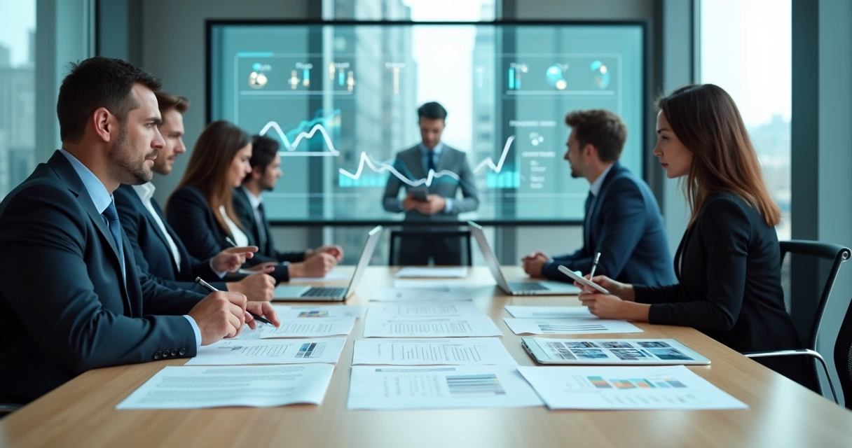 Equipe de negócios analisando documentos de due diligence sobre mesa com gráficos e contratos 