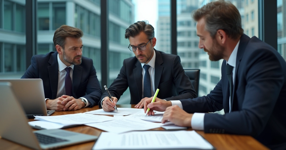 Reunião de advogados analisando documentos de uma startup para due diligence 