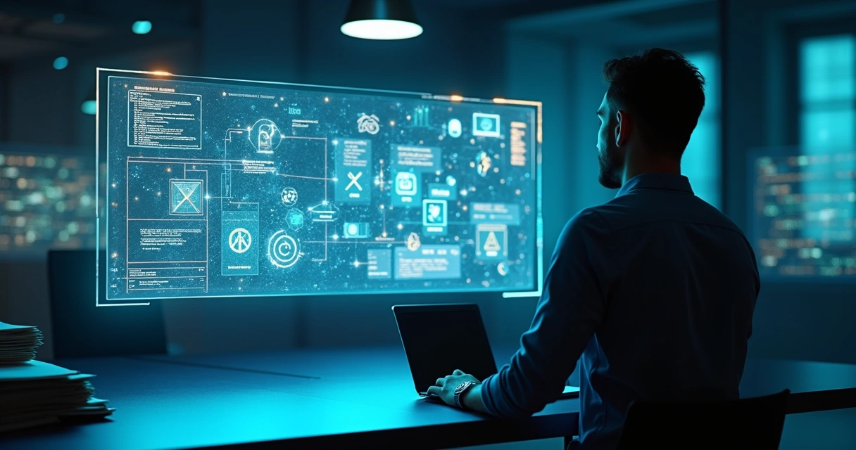  fundador de startup observando tabuleiro digital de due diligence com ícones de tecnologia 