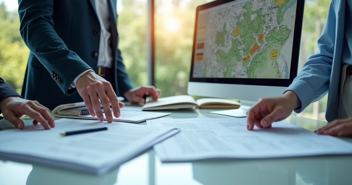 Equipe de profissionais analisando plantas imobiliárias e documentos em tela digital 