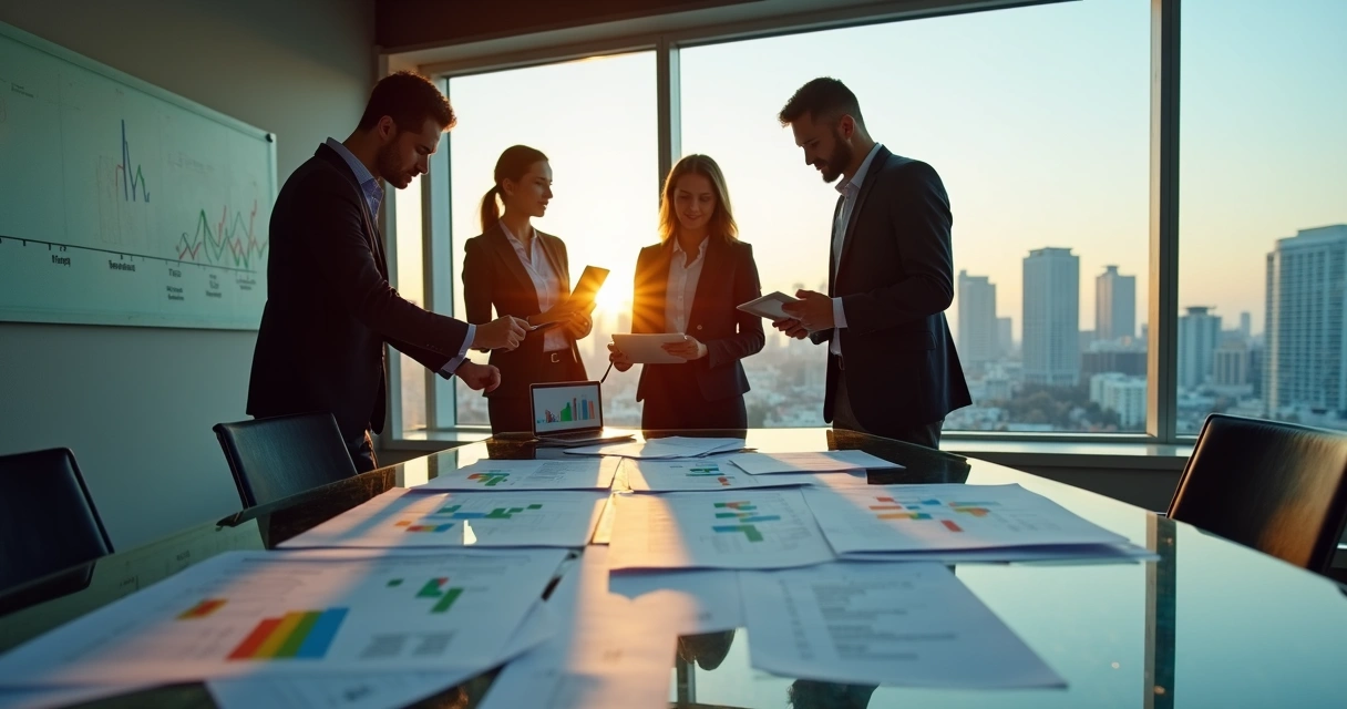 Equipe de agência avaliando documentos de fusão em cima da mesa 
