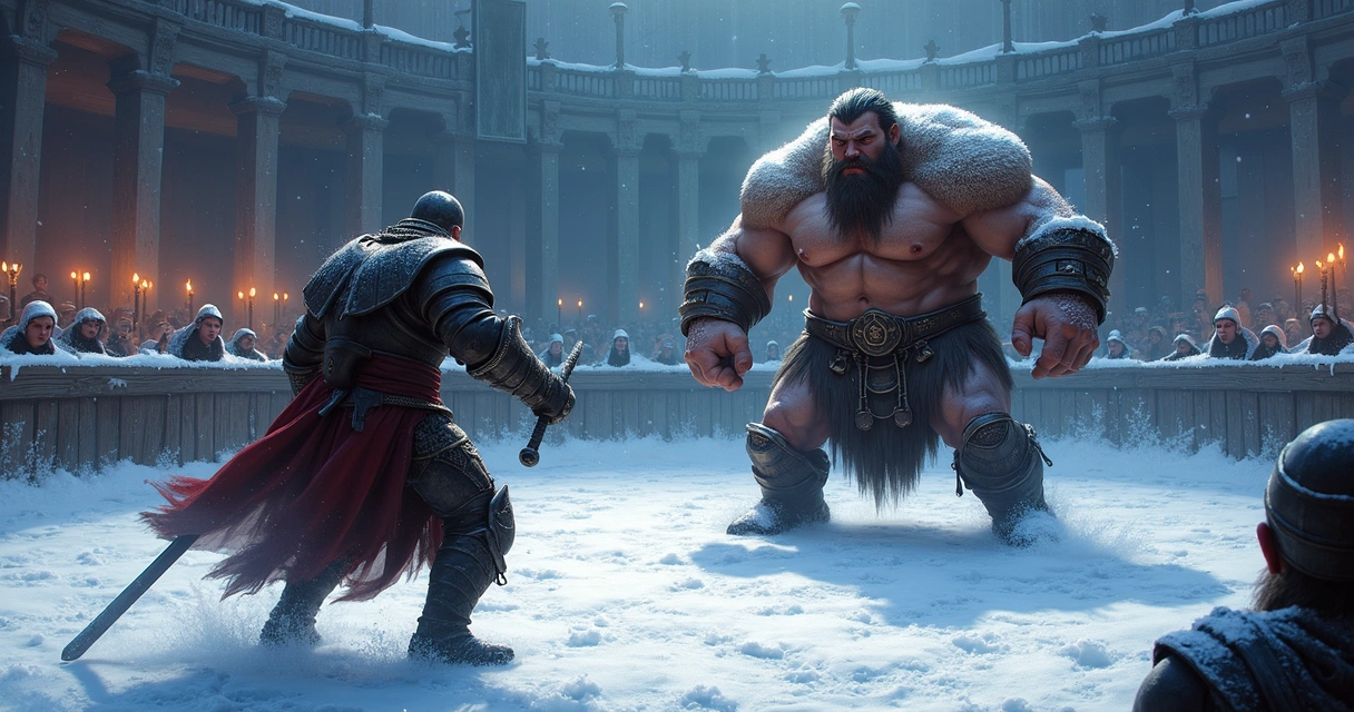 Personagem enfrentando barbarian em arena de Svargrond. 