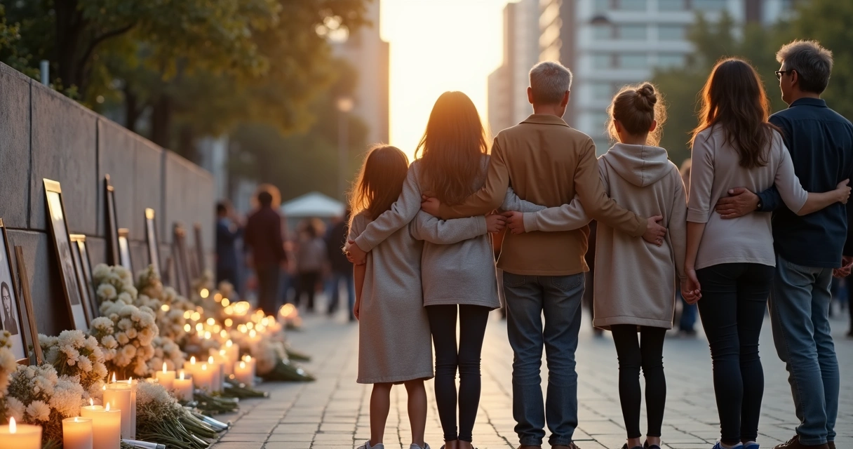 Personas de distintas generaciones unidas en un memorial urbano con velas y fotos 