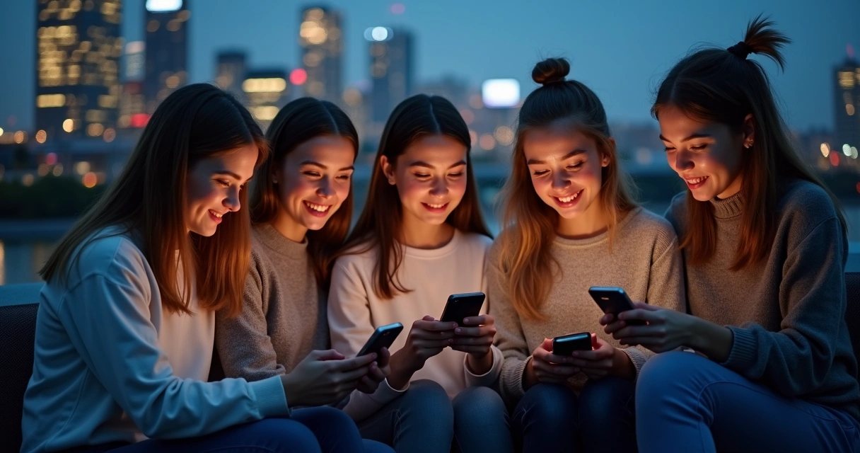 Jóvenes mirando sus teléfonos compartiendo mensajes en red social con imágenes sobre un evento mundial
