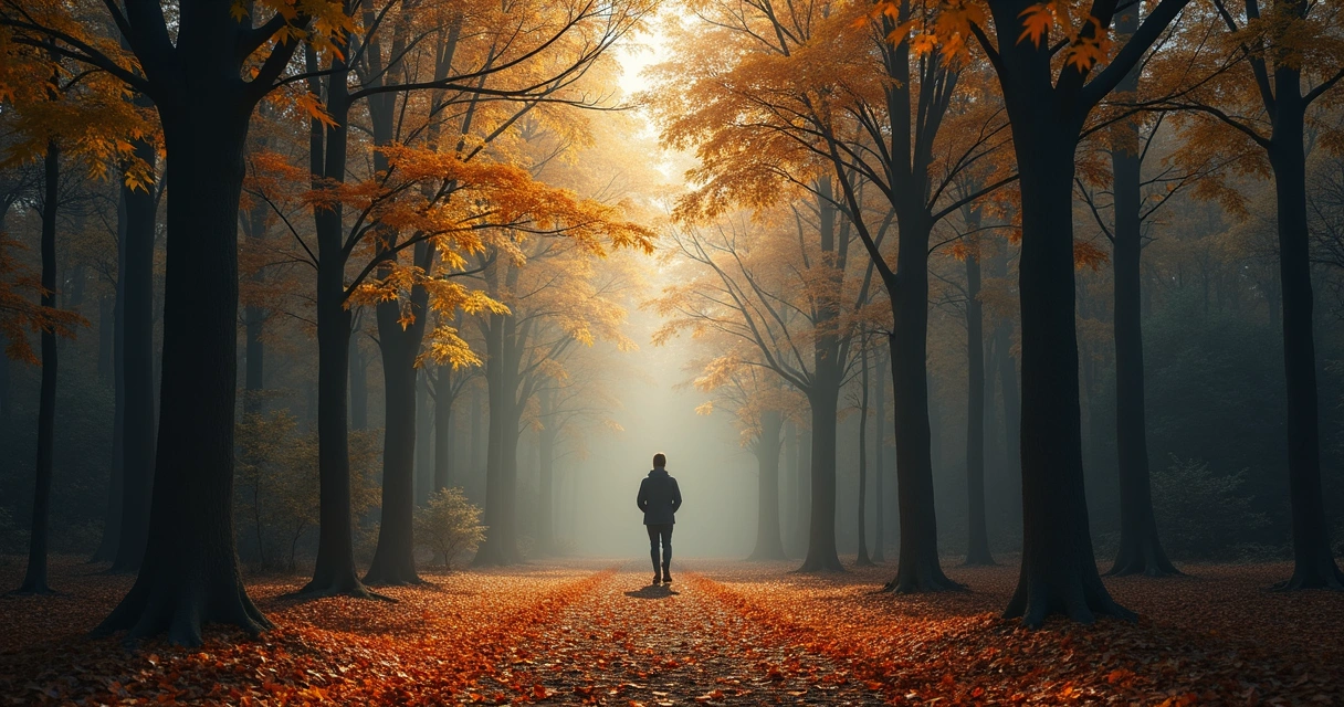 Persona caminando sola en un bosque, hojas caídas en el suelo, luz suave filtrándose entre los árboles. 