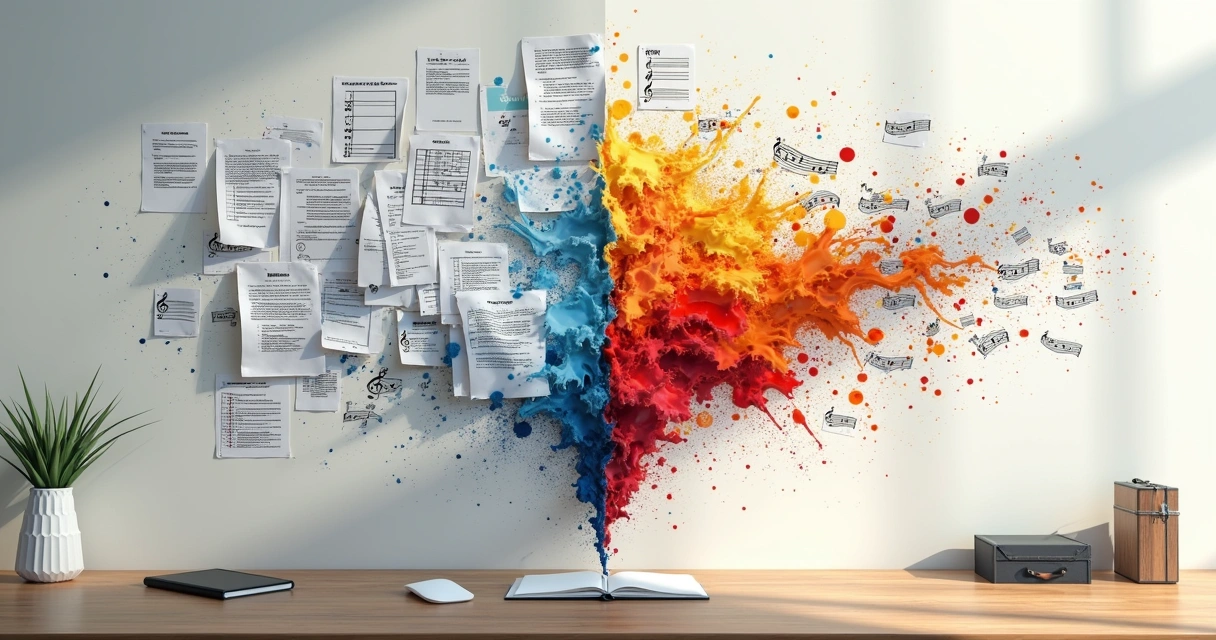 Dois lados, um representando regras e outro criatividade, em debate visual 