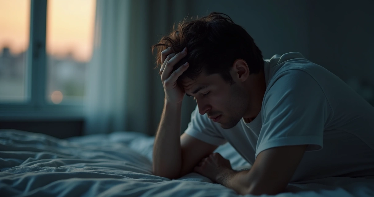 Persona sentada en penumbra sosteniendo la cabeza con una mano, expresión triste 