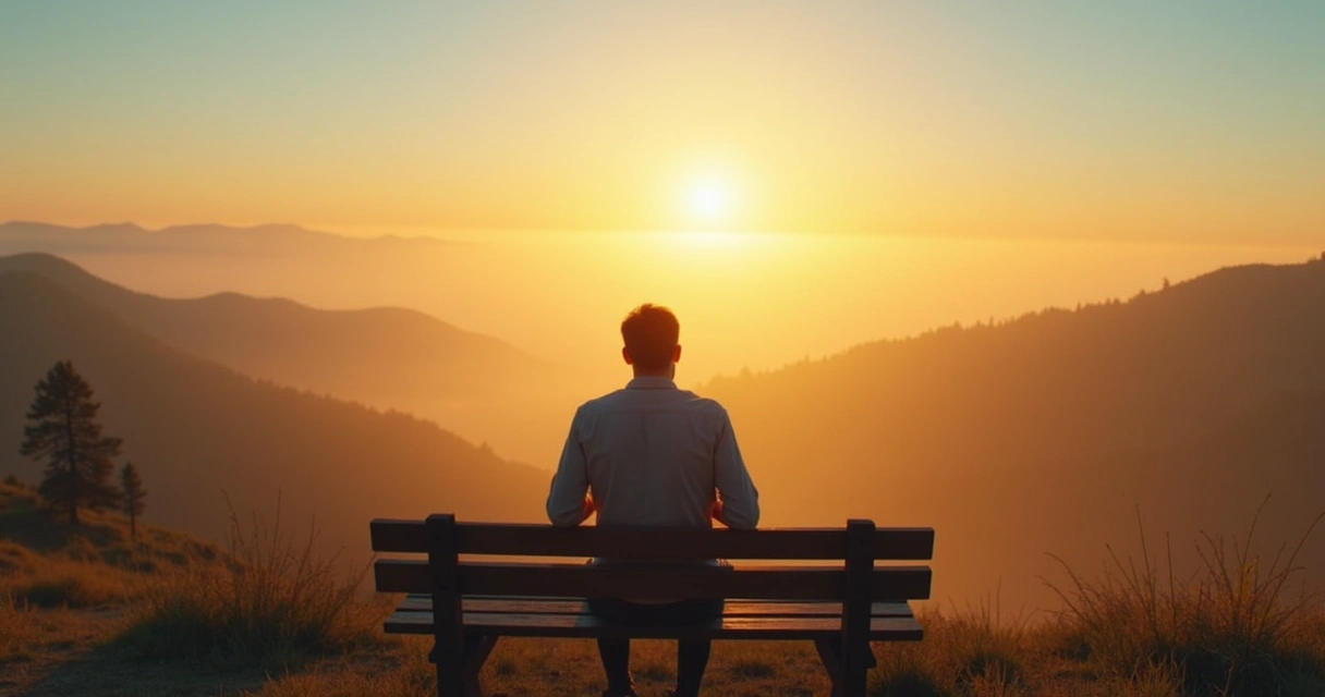 Persona sentada en un banco observa paisaje tranquilo al atardecer 