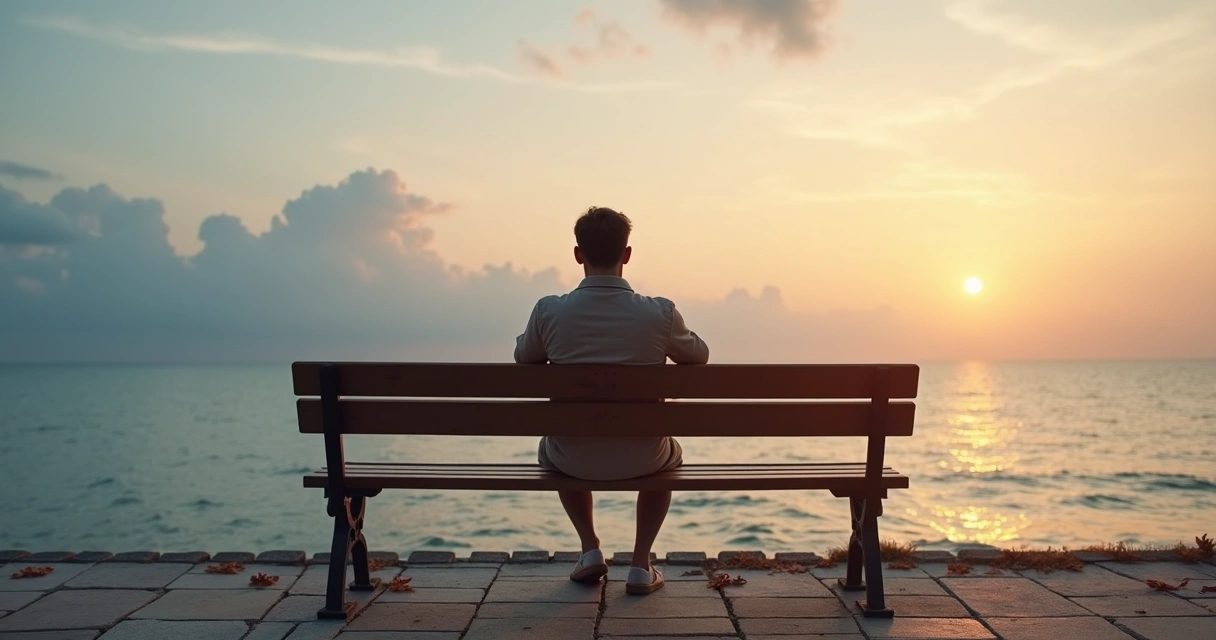 Persona sentada en un banco mirando un atardecer junto al mar 