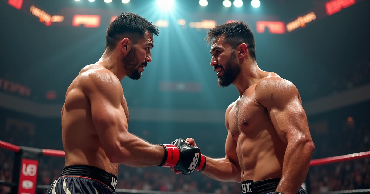 Cena dramática de um ringue de MMA dos anos 90, com dois lutadores se cumprimentando sob luzes intensas 