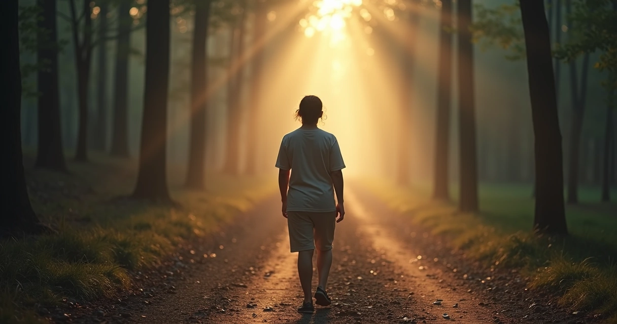 Persona caminando sola hacia la luz al final de un sendero 