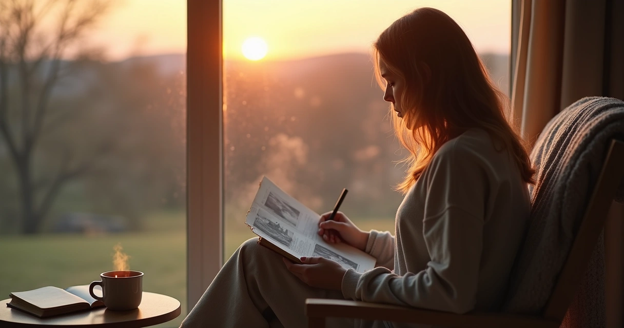 Persona sentada frente a una ventana al atardecer sosteniendo una foto y escribiendo en un cuaderno 