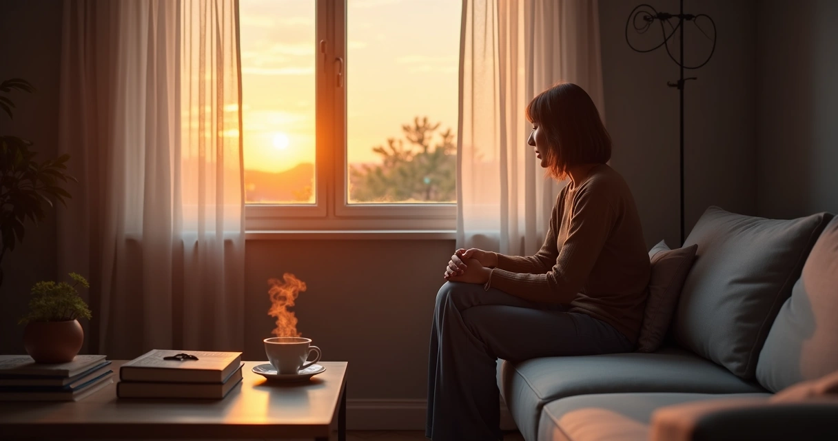 Persona sentada sola en el sofá mirando por la ventana durante el atardecer 