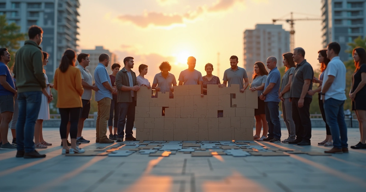 Personas de diferentes edades sosteniendo piezas de un rompecabezas roto frente a una ciudad cambiante 