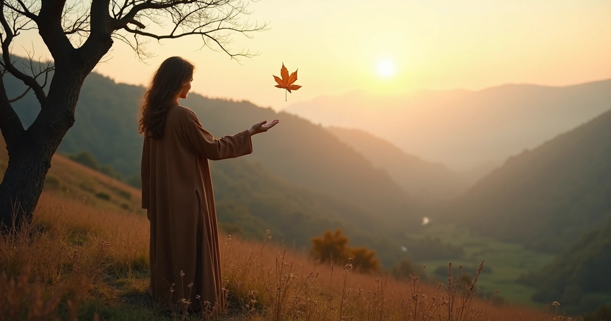 Persona junto a un árbol desnudo dejando volar una hoja en un paisaje al amanecer 