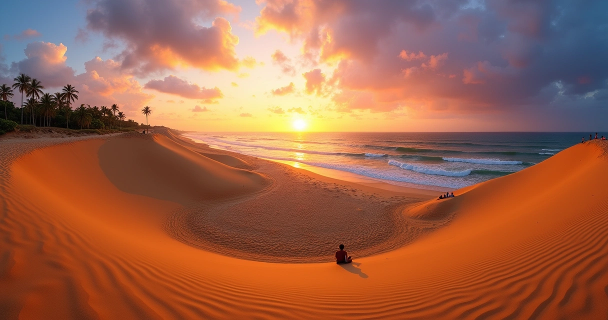 Duna do pôr do sol em Jericoacoara com pessoas sentadas olhando o horizonte 