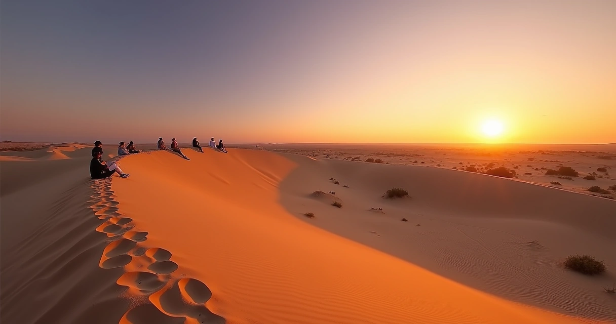 Pessoas sentadas nas dunas do Jalapão ao pôr do sol.