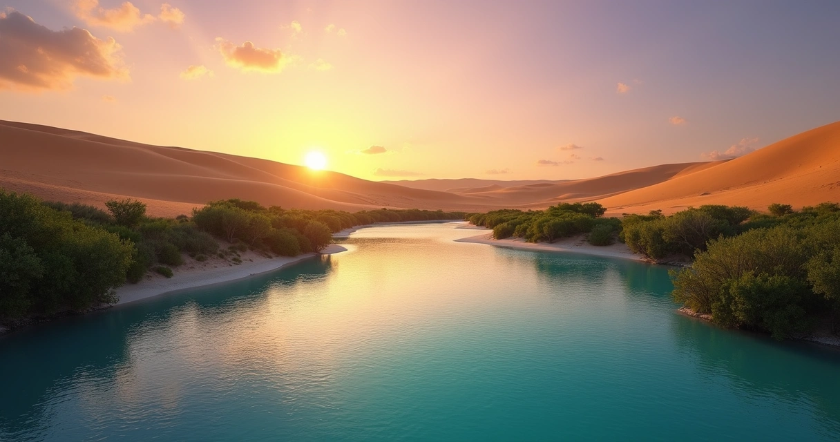 Dunas douradas e lagoa de águas cristalinas com vegetação nativa em Jericoacoara ao pôr do sol 