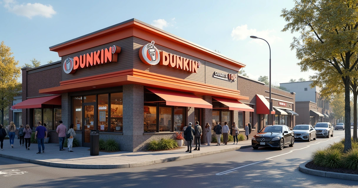 Dunkin' com drive-thru ativo em Ogden Hill East, pessoas caminhando e carros acessando 