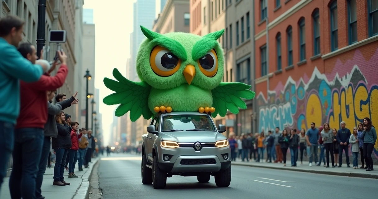 Mascote Duo do Duolingo sendo levado por Cybertruck em meme viral