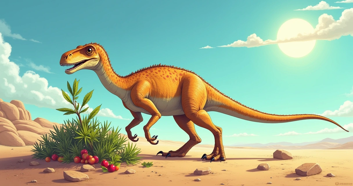 Duonychus tsogtbaatari alimentando-se em um deserto, com garras longas puxando folhas e frutas ao fundo.