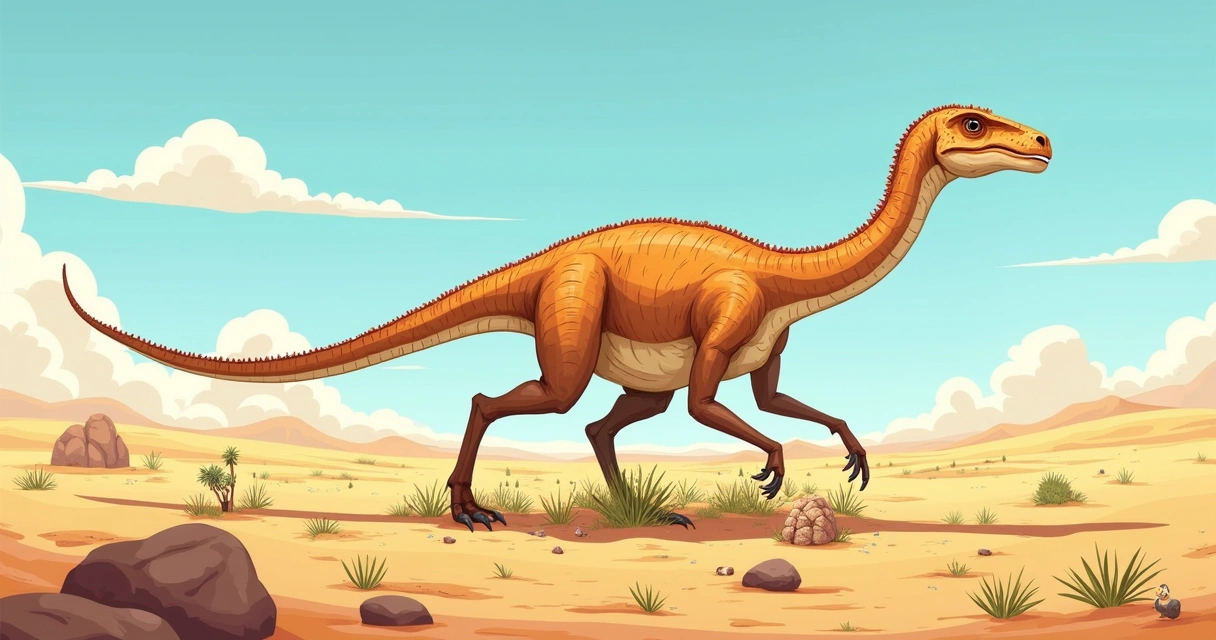 Dinosaur Duonychus em um deserto curvando suas garras longas em vegetação, com céu claro e areia dourada ao fundo.