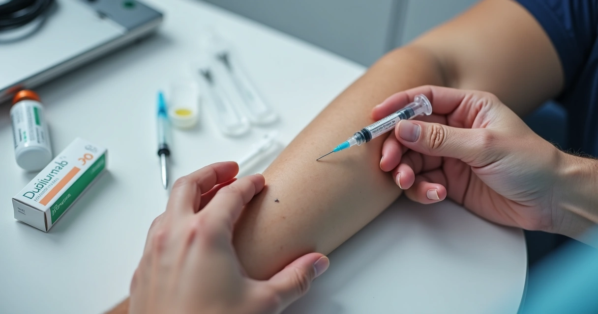 Pessoa aplicando injeção subcutânea no braço para tratamento com Dupilumab. 
