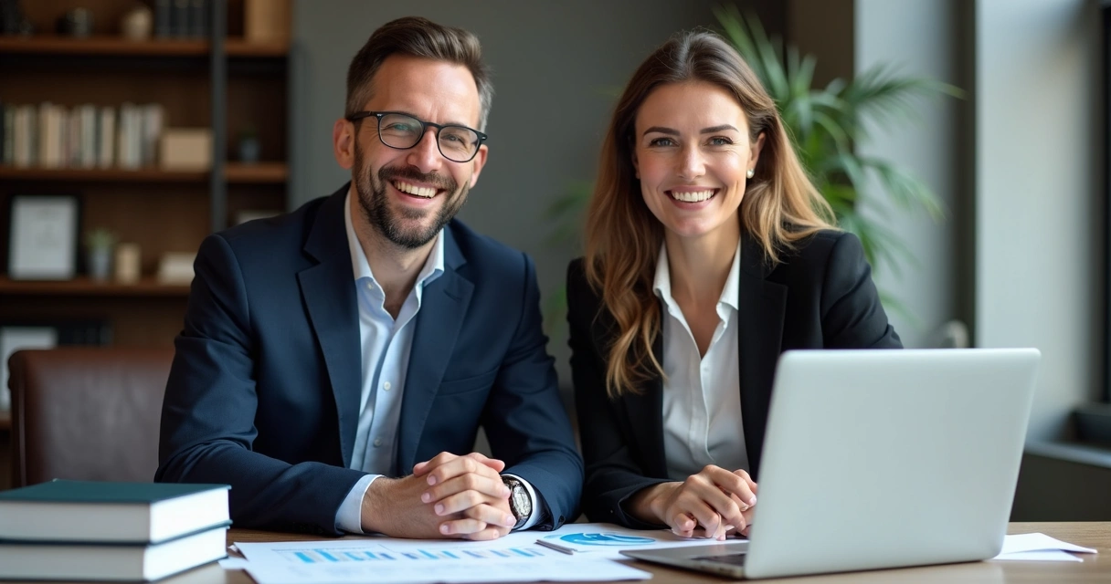 Dois advogados sorrindo em escritório moderno após automatização financeira 