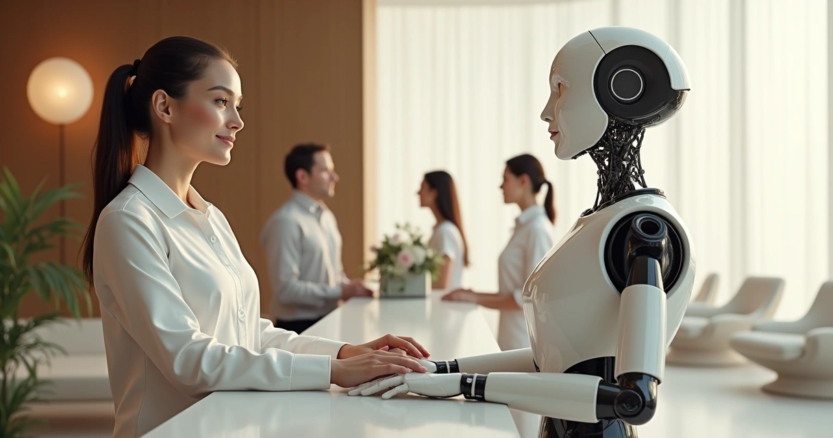 Colaborador e robô lado a lado atendendo hóspedes em hotel 