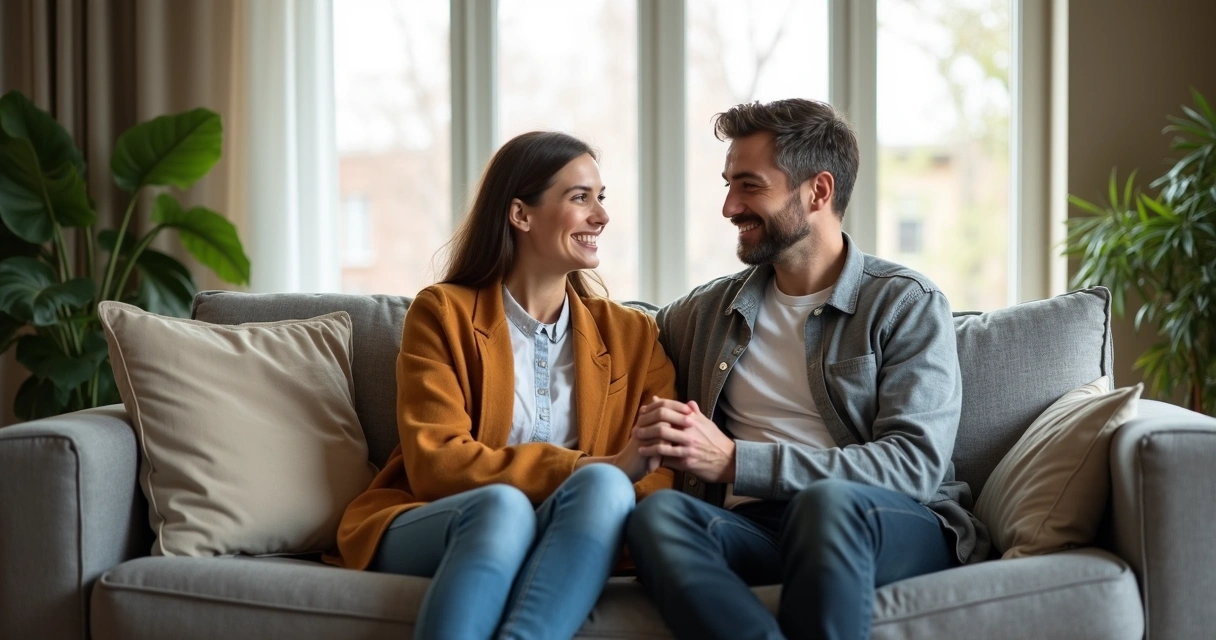Casal conversando sentado em um sofá