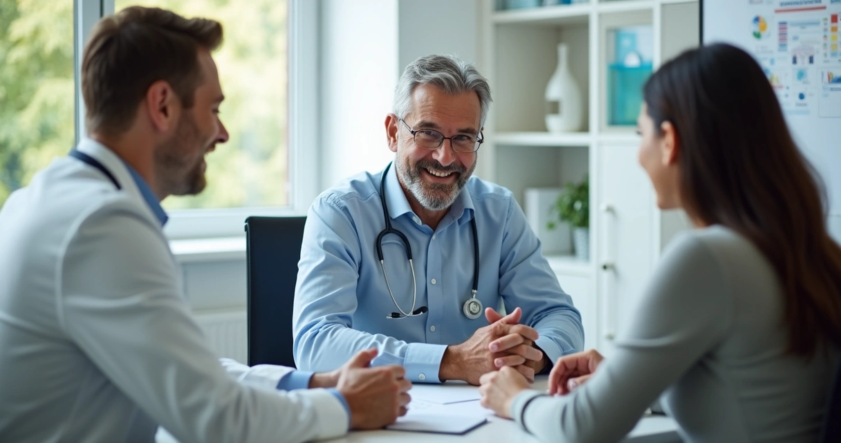 Homem em consultório médico conversando com médico e psicóloga juntos 