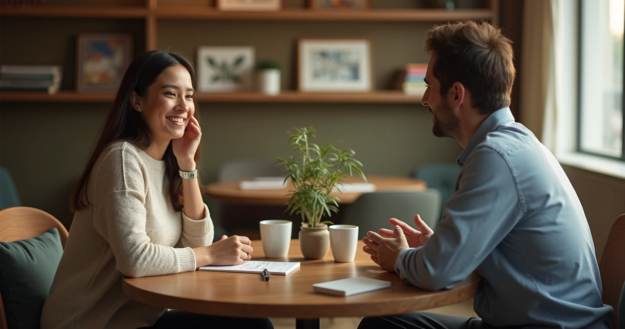 Duas pessoas dialogando frente a frente praticando escuta ativa em ambiente acolhedor 