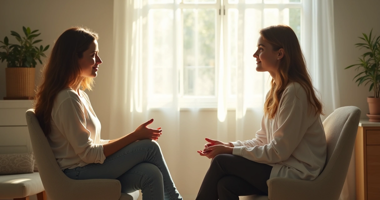 Duas pessoas sentadas conversando de frente, ambas serenas em ambiente claro