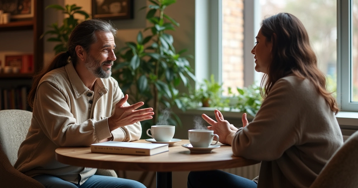 Duas pessoas conversando com atenção em mesa de café aconchegante 