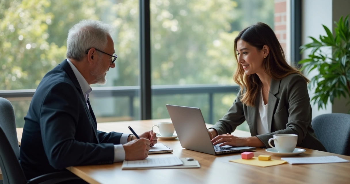Dois colegas de gerações diferentes conversando em uma mesa de escritório