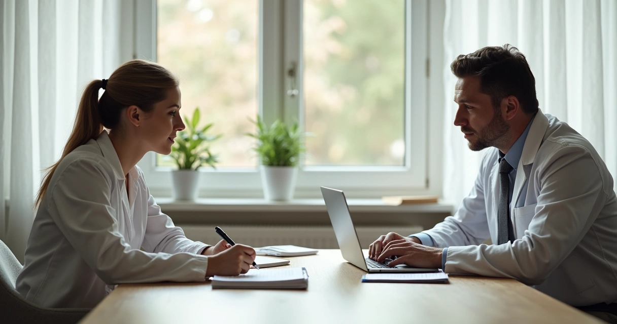 Duas pessoas sentadas em consultório conversando em ambiente profissional e acolhedor 