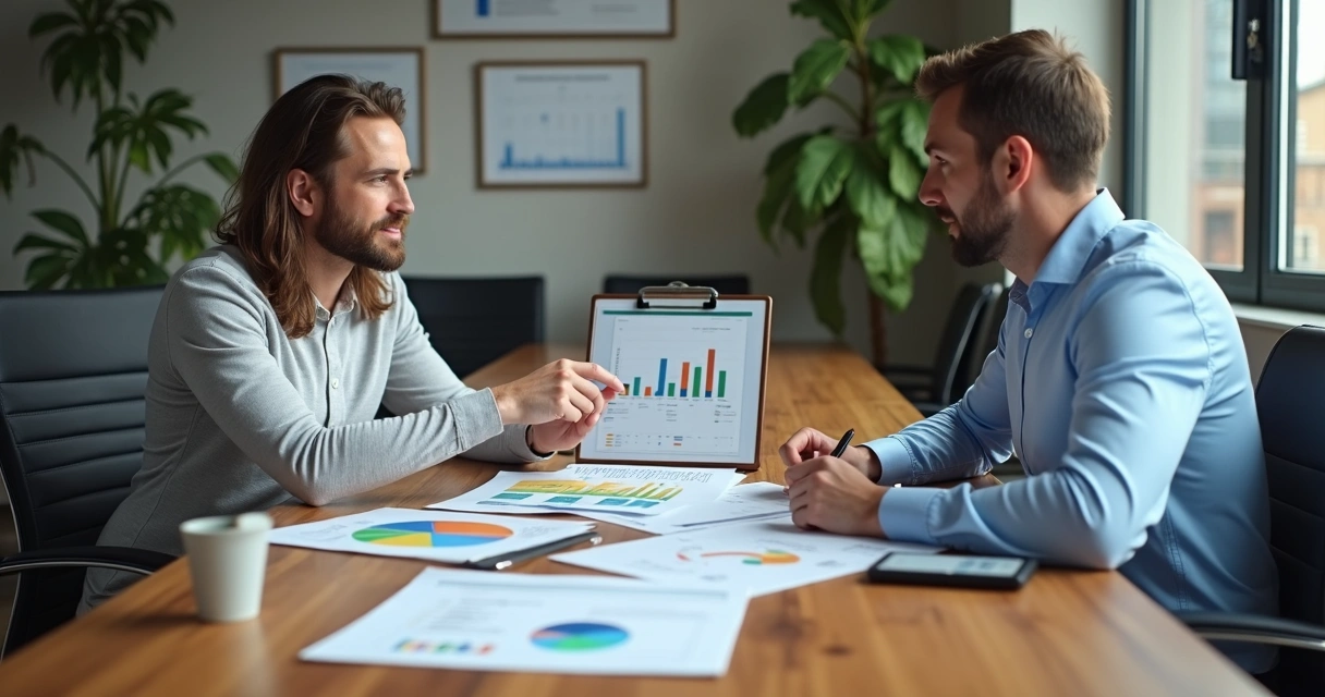 Dois gestores contábeis conversando em uma mesa de escritório