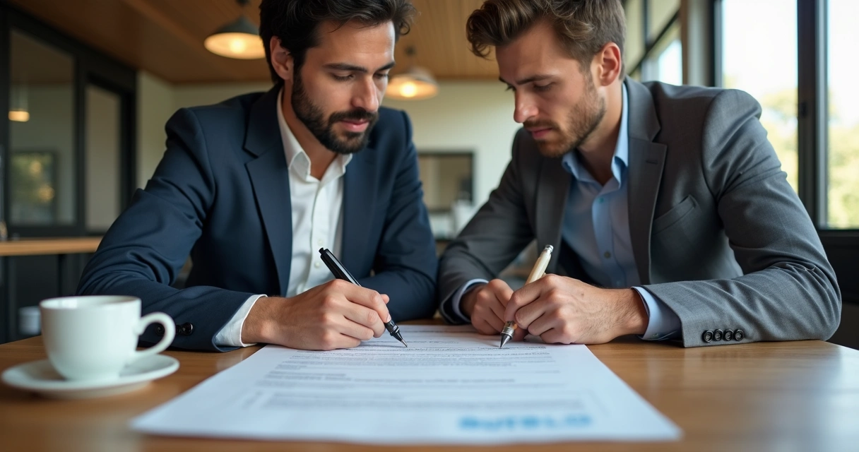 Duas pessoas revisando contrato juntos 