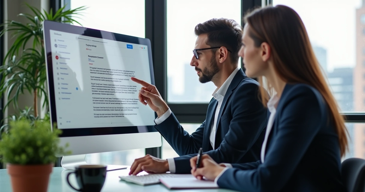 Dois profissionais revisando resposta para avaliação de empresa no Google 
